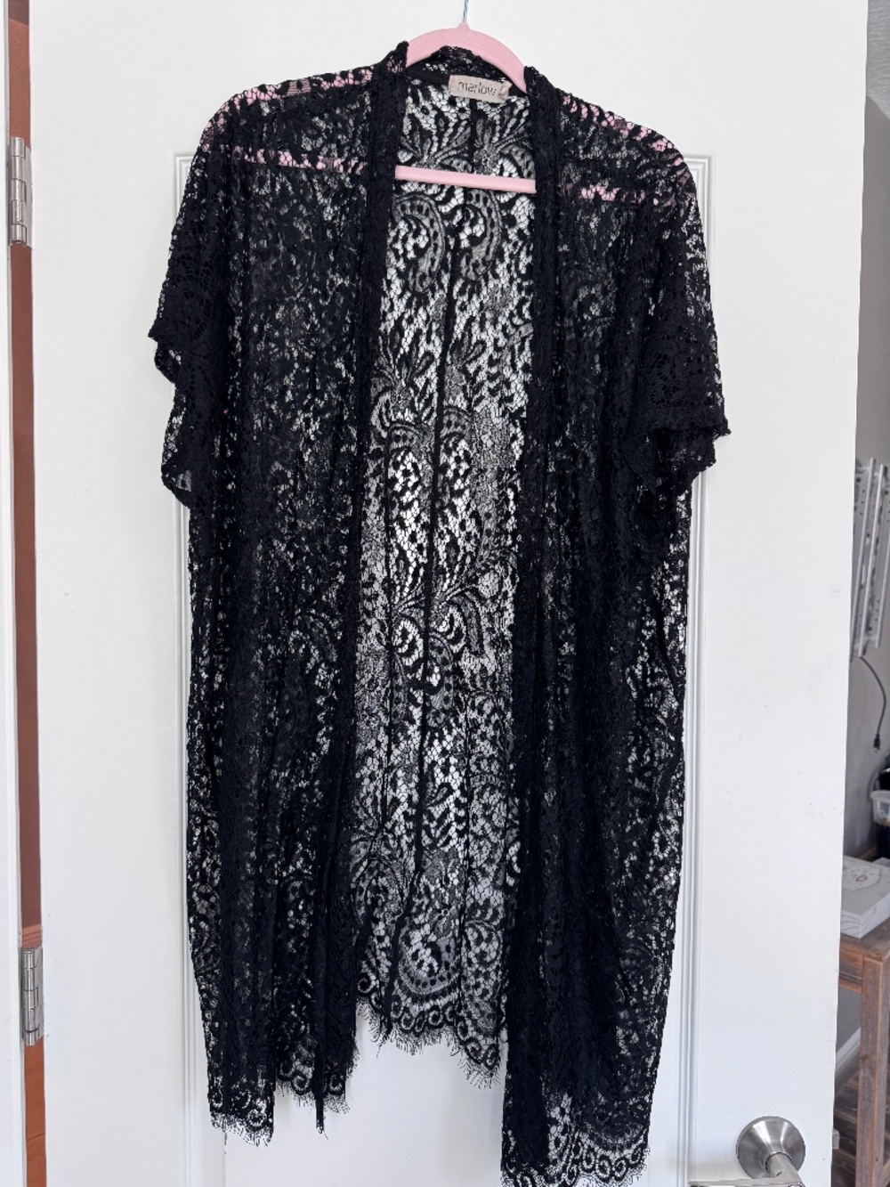 Marlow Black Lace Open Front Kimono Cardigan Duster Cover Up Size S